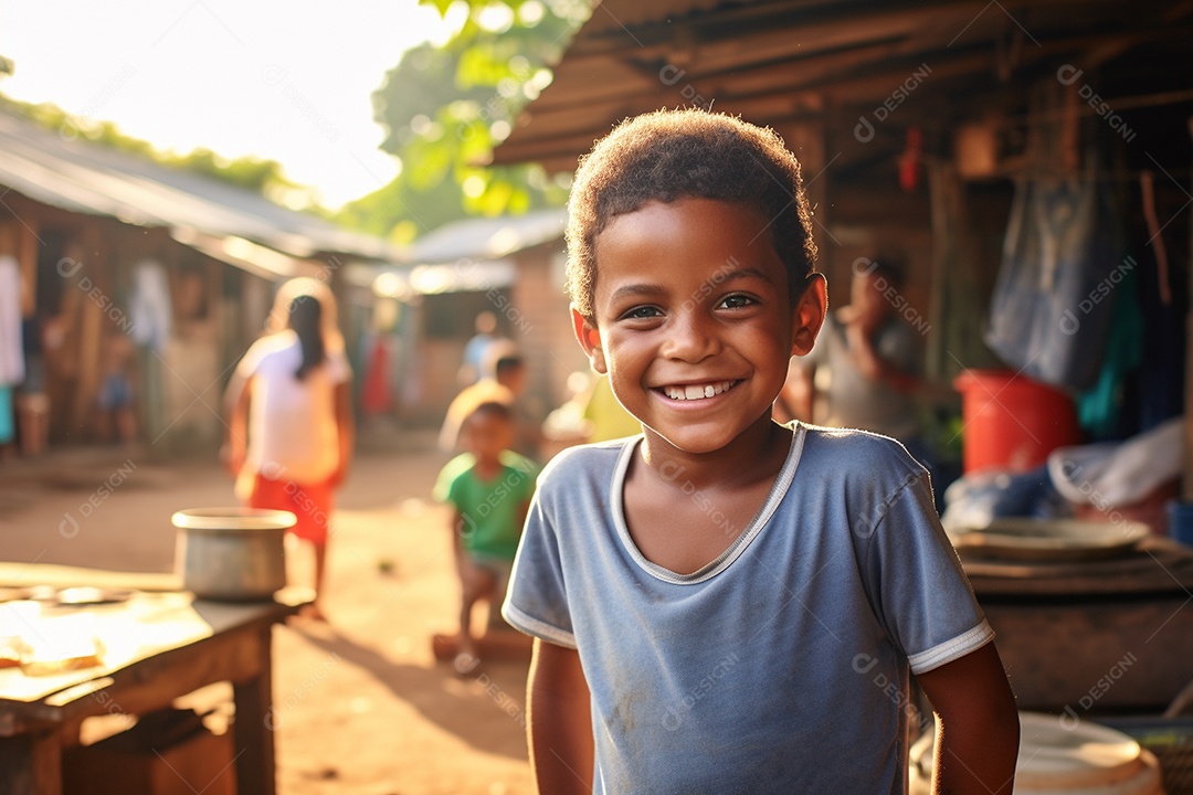 Um menino sorridente em uma favela brasileira