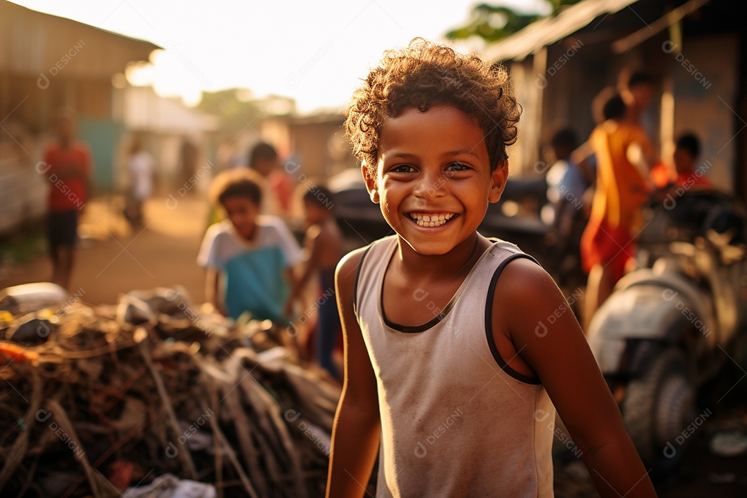 Um menino sorridente em uma favela brasileira