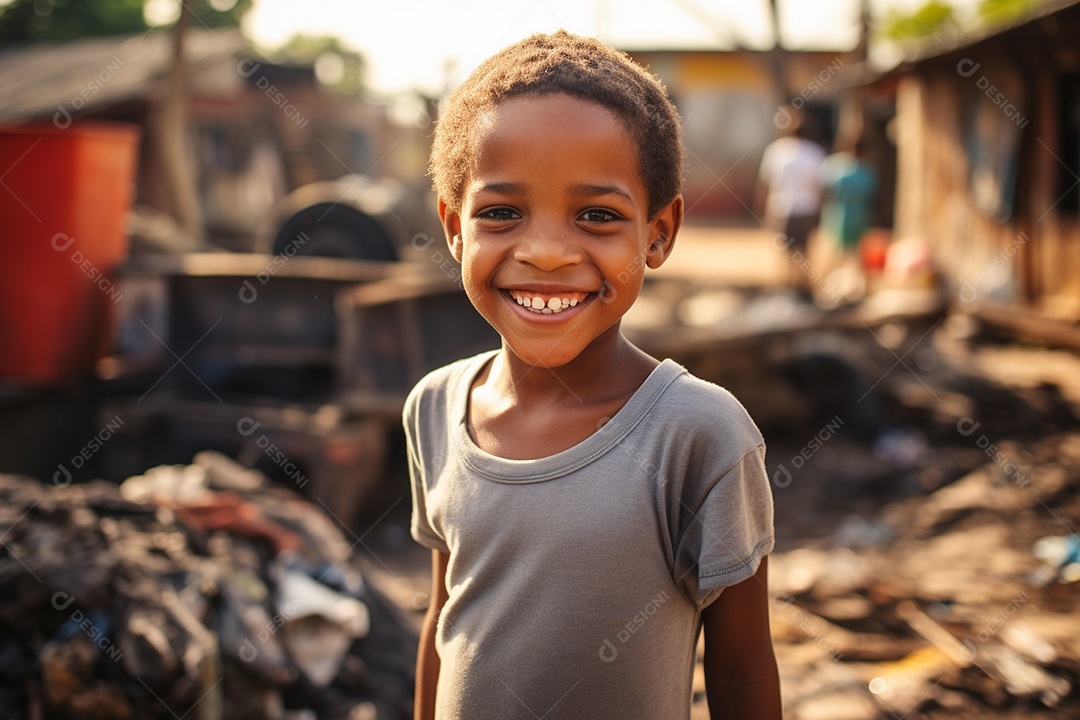 Um menino sorridente em uma favela brasileira