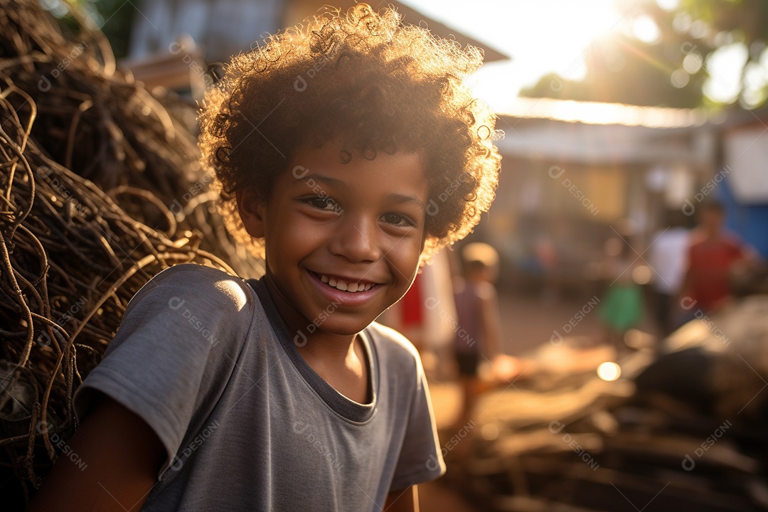 Um menino sorridente em uma favela brasileira