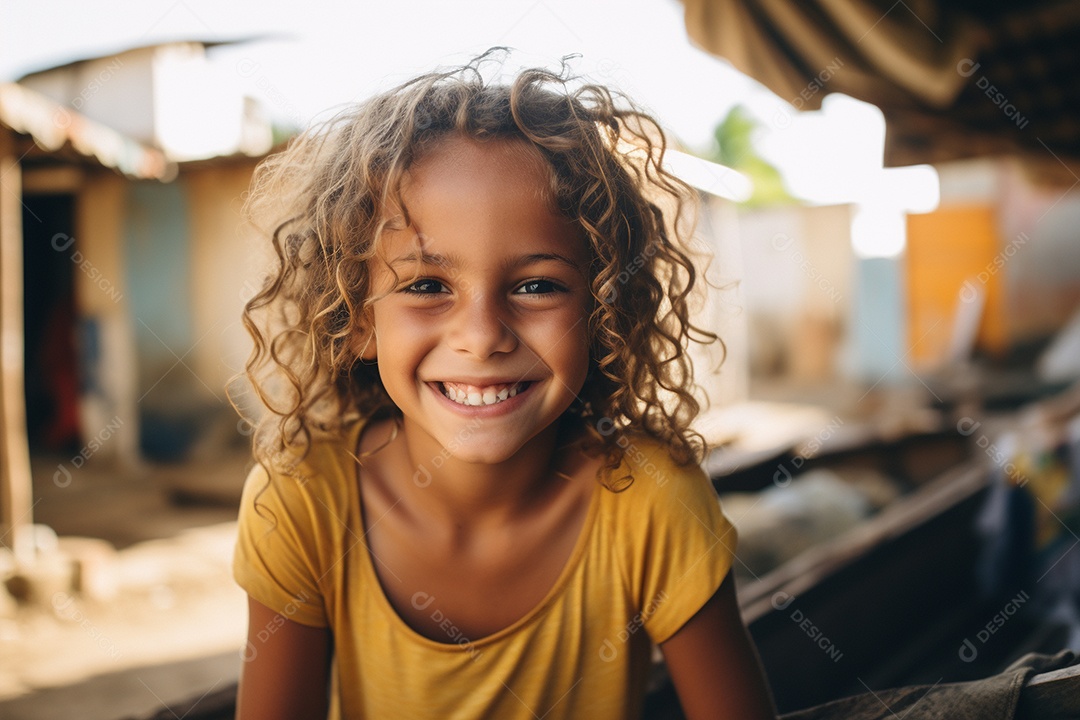 Uma garota sorridente em uma favela brasileira