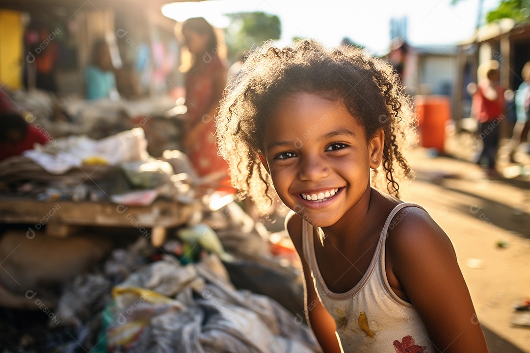 Uma garota sorridente em uma favela brasileira