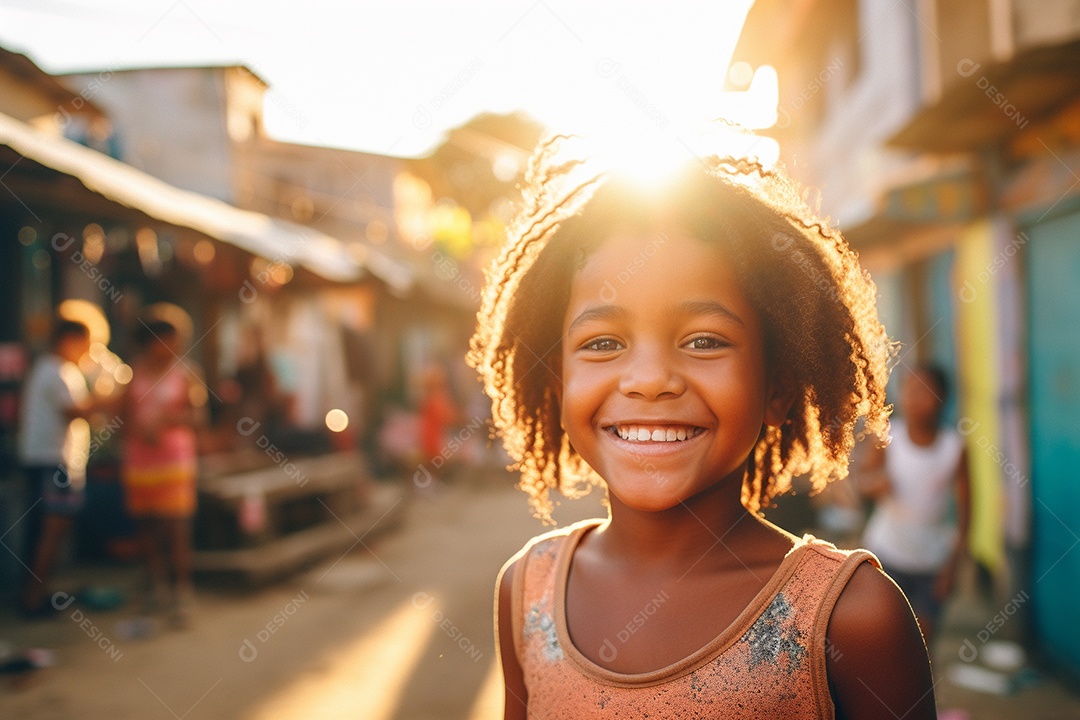 Uma garota sorridente em uma favela brasileira