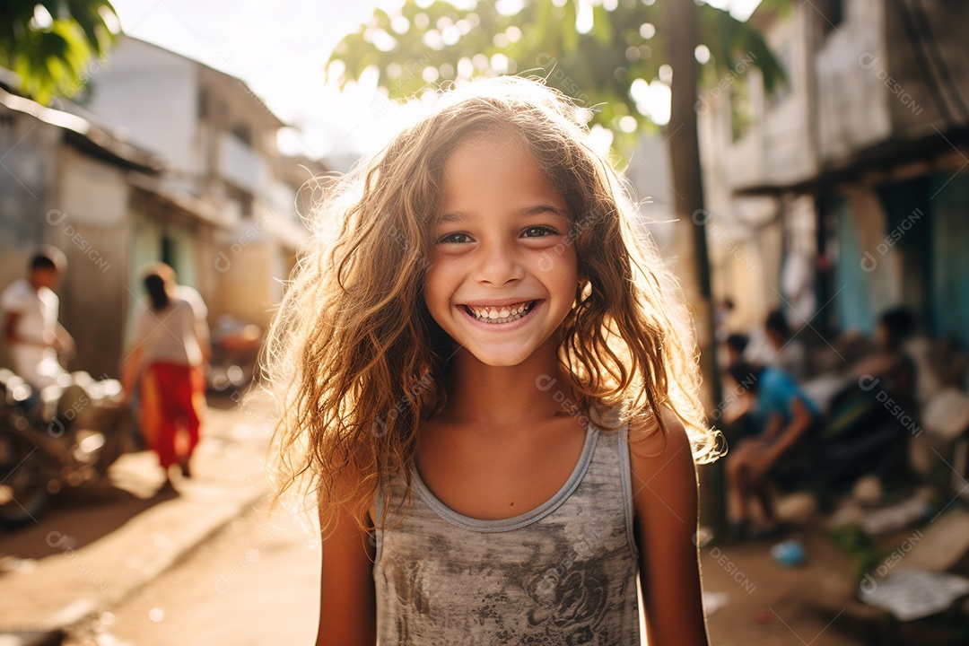 Uma garota sorridente em uma favela brasileira
