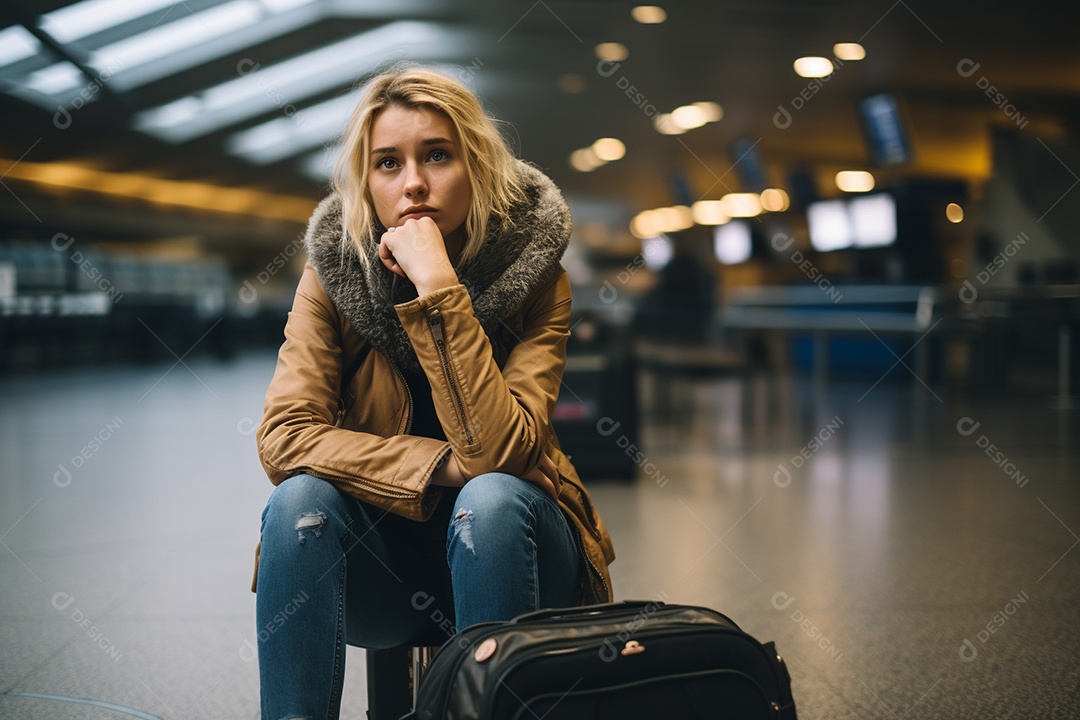 Uma mulher triste porque perdeu o voo no aeroporto