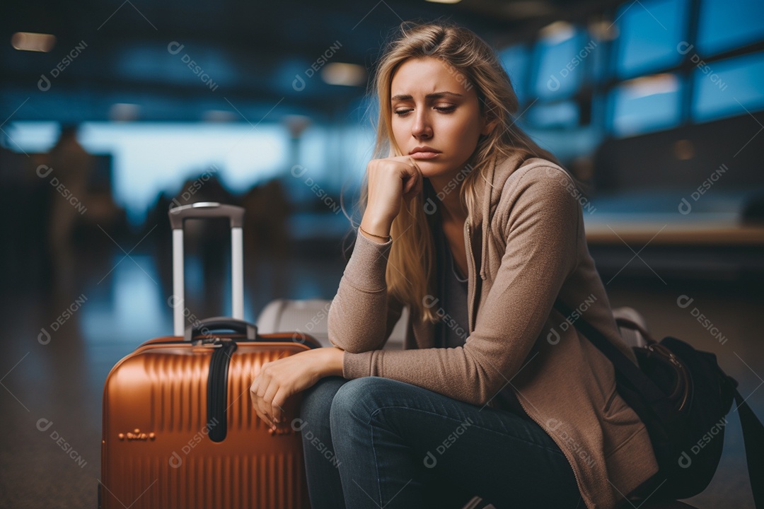 Uma mulher triste porque perdeu o voo no aeroporto