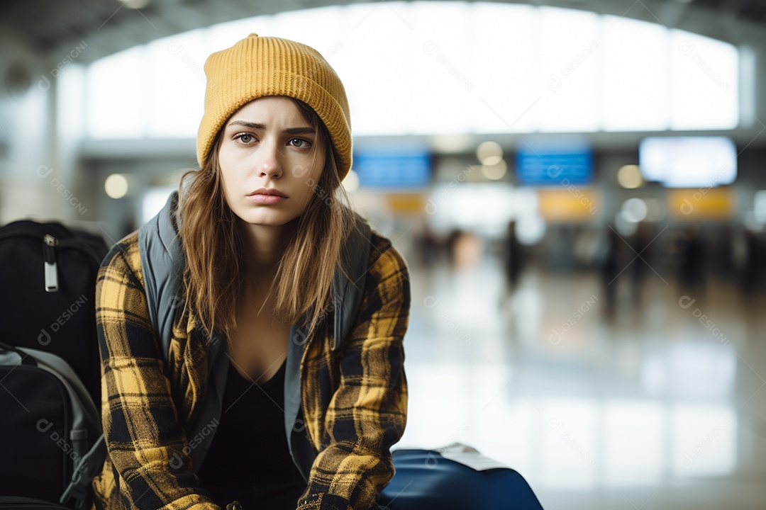 Uma mulher triste porque perdeu o voo no aeroporto