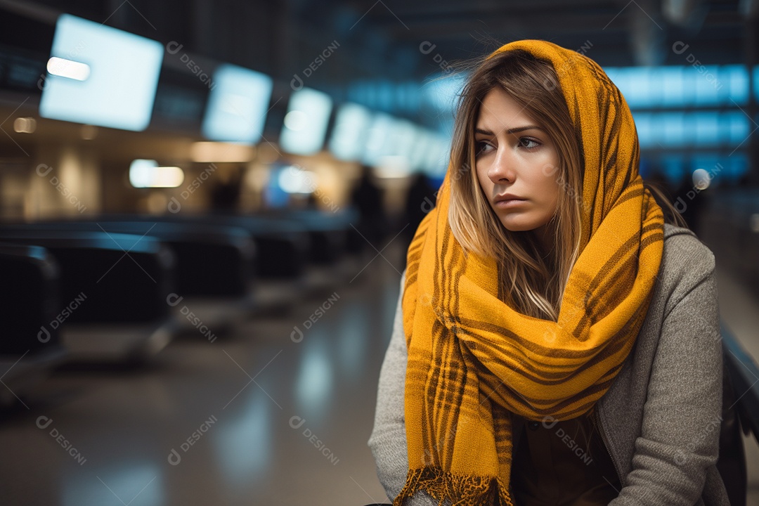 Uma mulher triste porque perdeu o voo no aeroporto