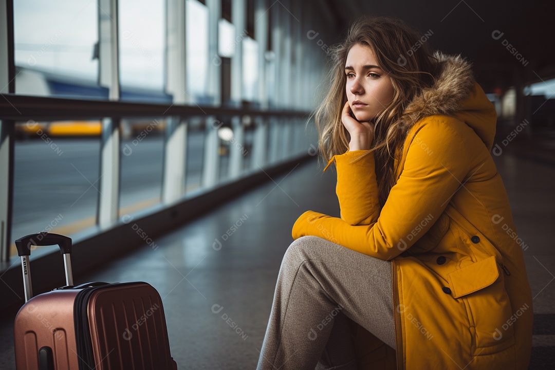 Uma mulher triste porque perdeu o voo no aeroporto