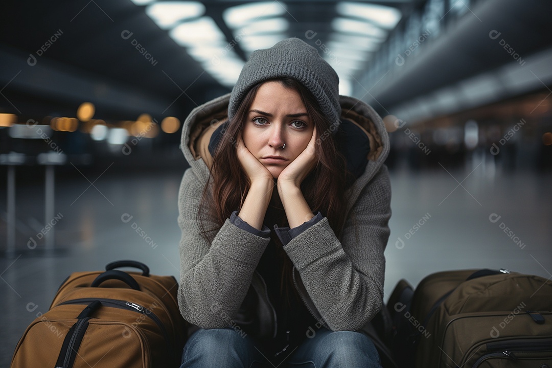 Uma mulher triste porque perdeu o voo no aeroporto