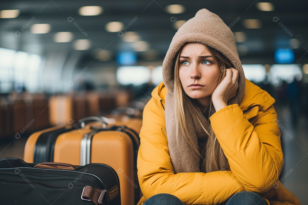 Uma mulher triste porque perdeu o voo no aeroporto