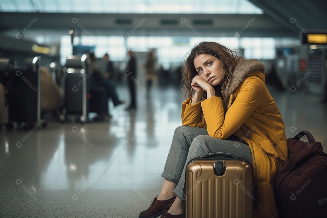 Uma mulher triste porque perdeu o voo no aeroporto