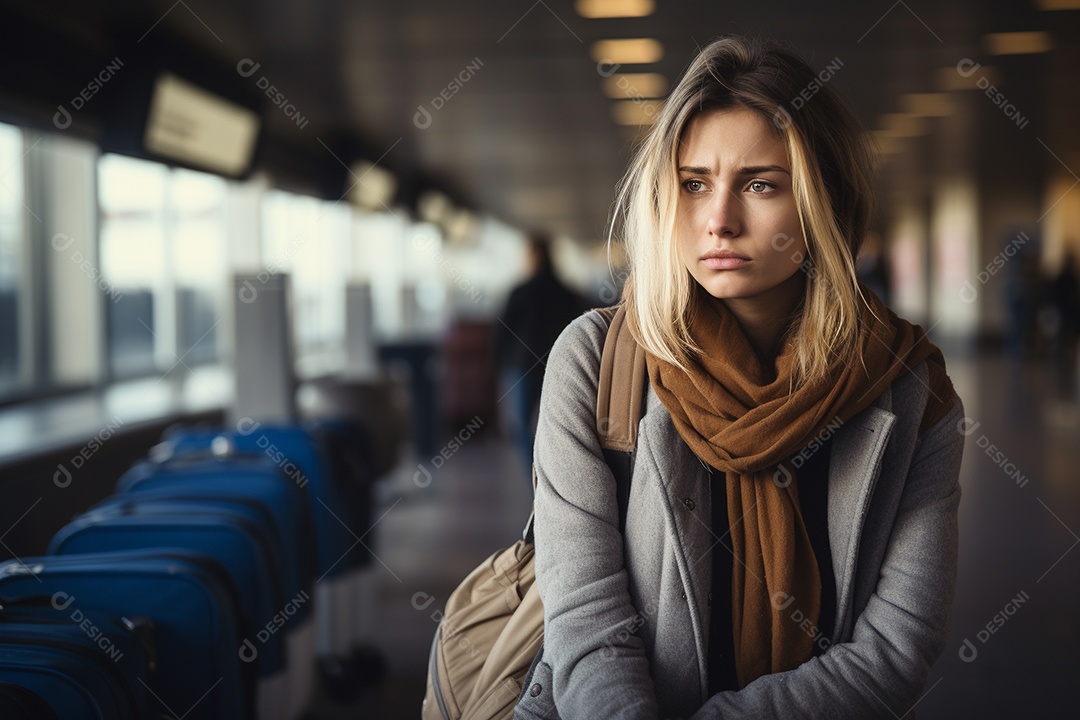 Uma mulher triste porque perdeu o voo no aeroporto