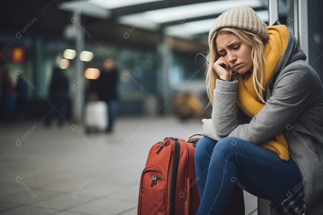 Uma mulher triste porque perdeu o voo no aeroporto