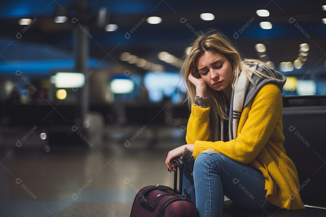 Uma mulher triste porque perdeu o voo no aeroporto