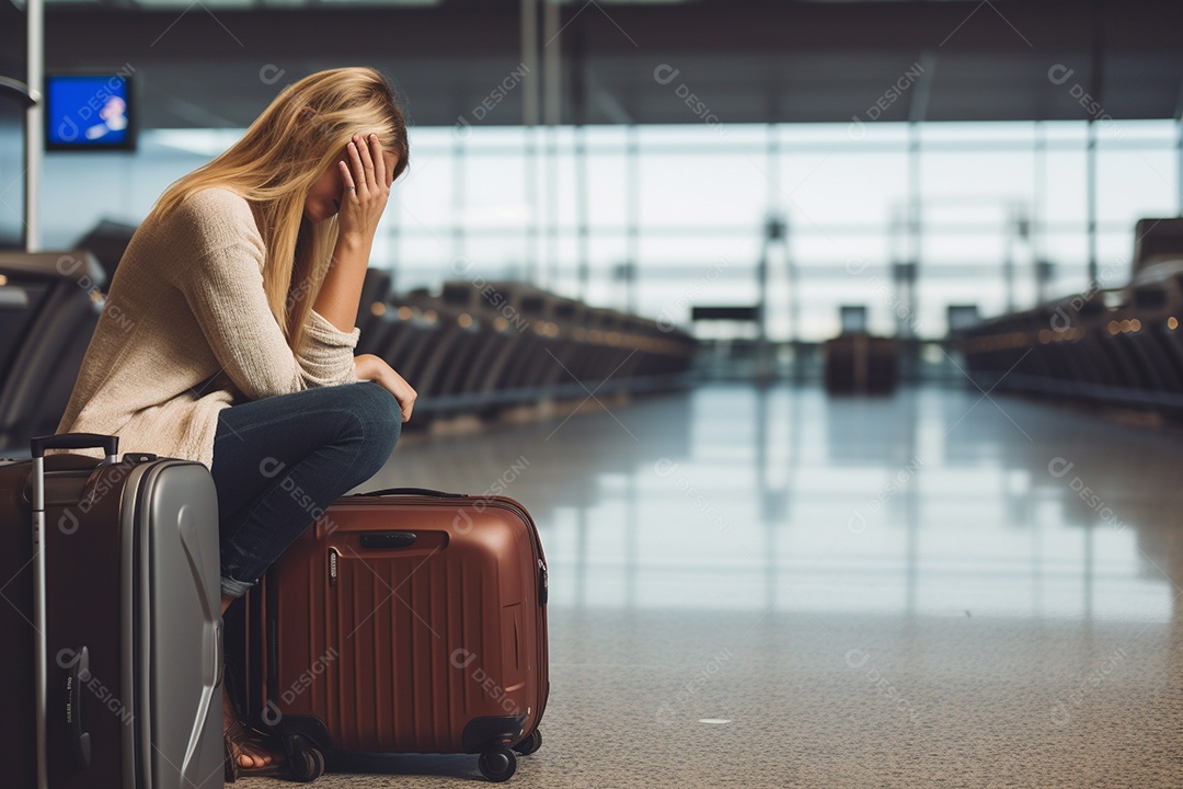 Uma mulher triste porque perdeu o voo no aeroporto