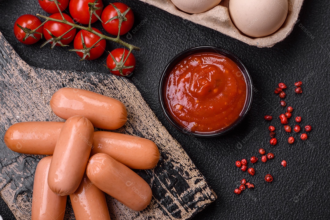 Ovos de galinha crus em uma caixa, tomate cereja, grão de bico, especiarias, sal e ervas.