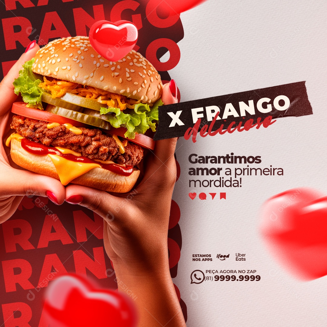 X Frango Delicioso Hamburgueria Social Media PSD Editável