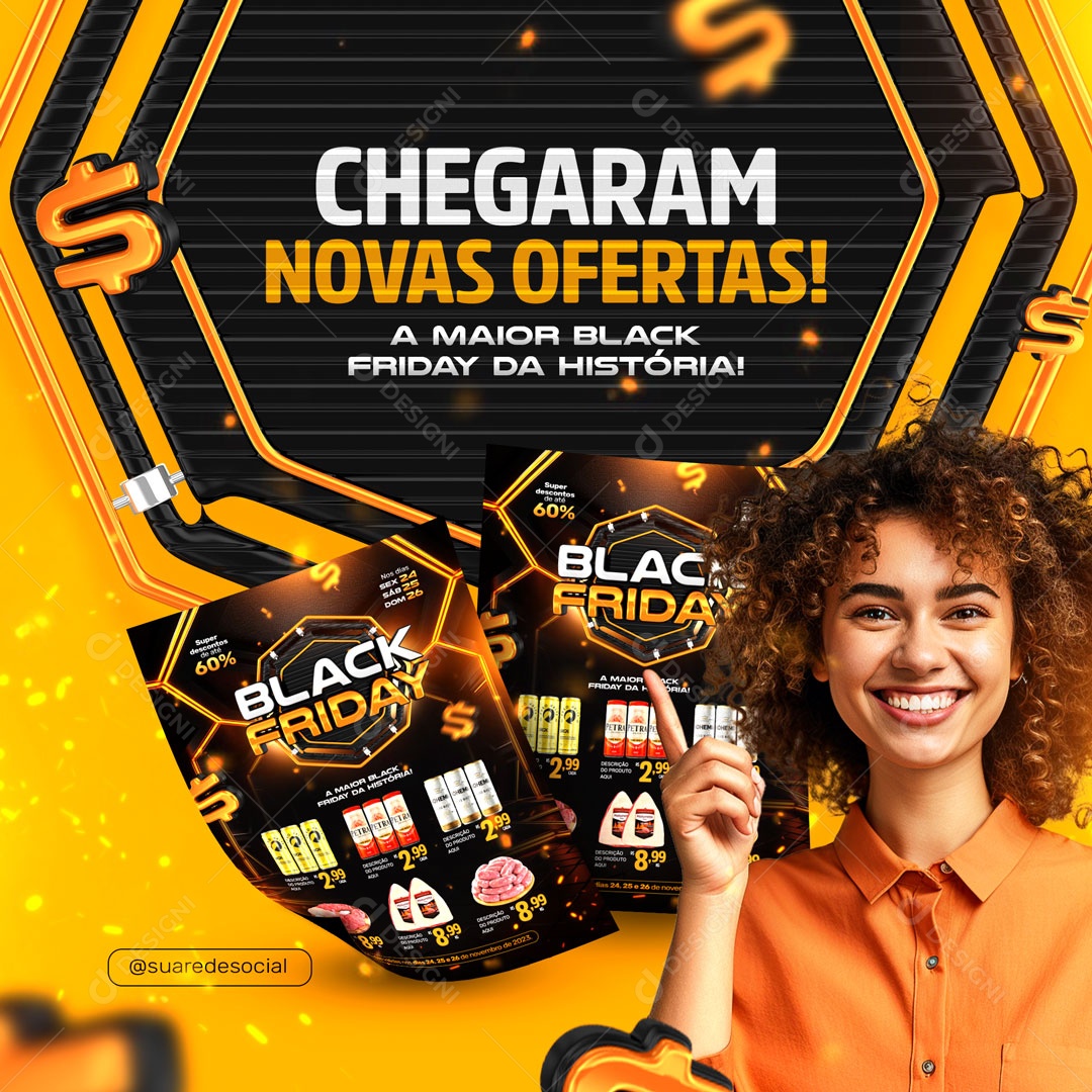 Social Media Chegaram Novas Ofertas Black Friday Supermercado PSD Editável