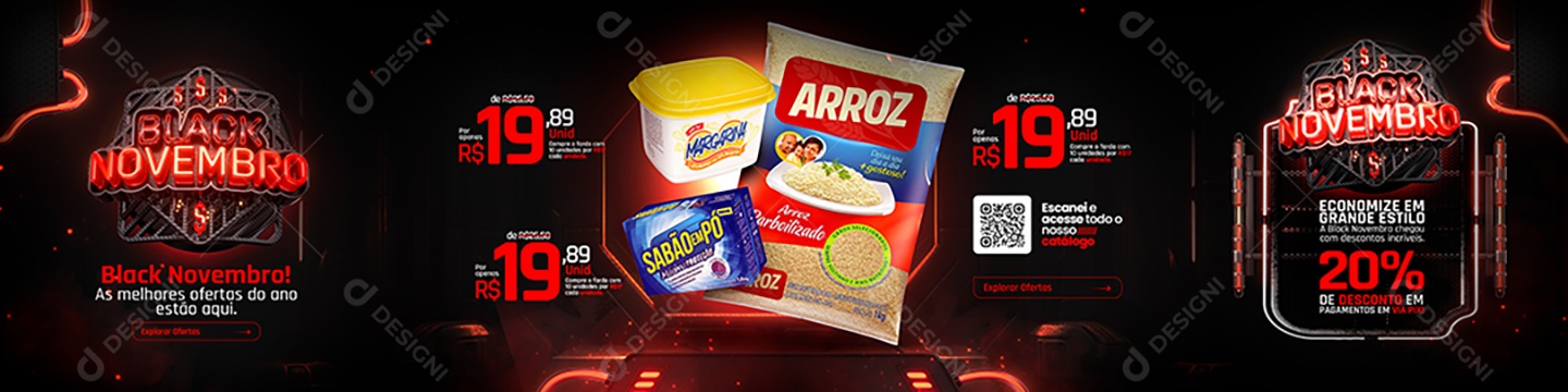 Campanha Publicitaria Black Novembro Carrossel Economize em Grande Estilo Arroz Sabão em Pó e Margarina Social Media PSD Editável