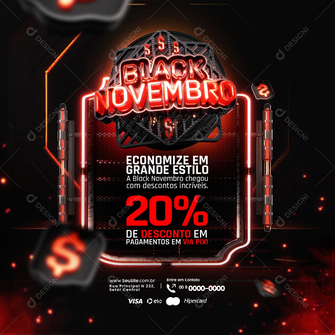 Campanha Publicitaria Black Novembro Economize em Grande Estilo 20% de Desconto Supermercado Social Media PSD Editável