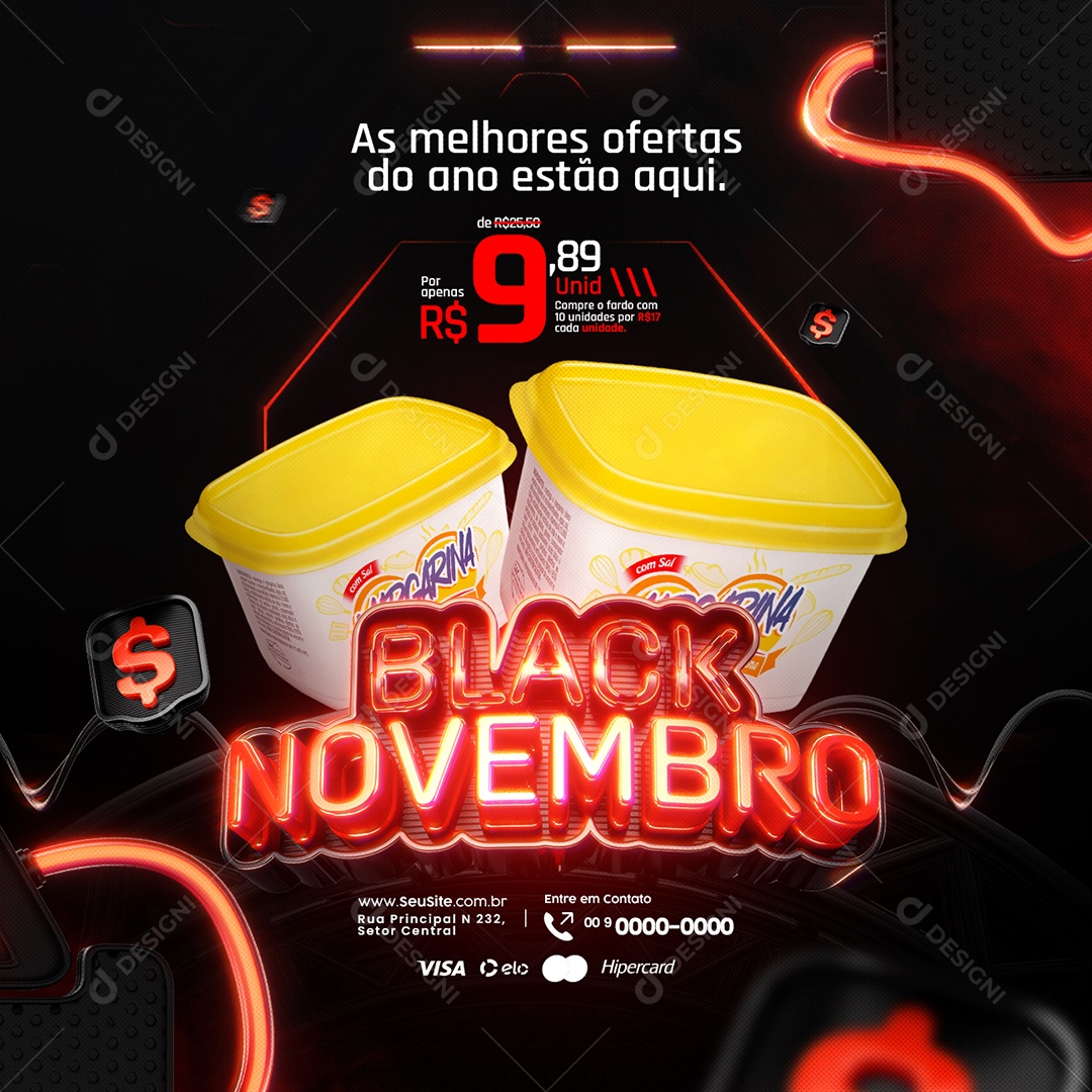 Campanha Publicitaria Black Novembro Margarina As Melhores Ofertas do Ano Estão Aqui Supermercado Social Media PSD Editável