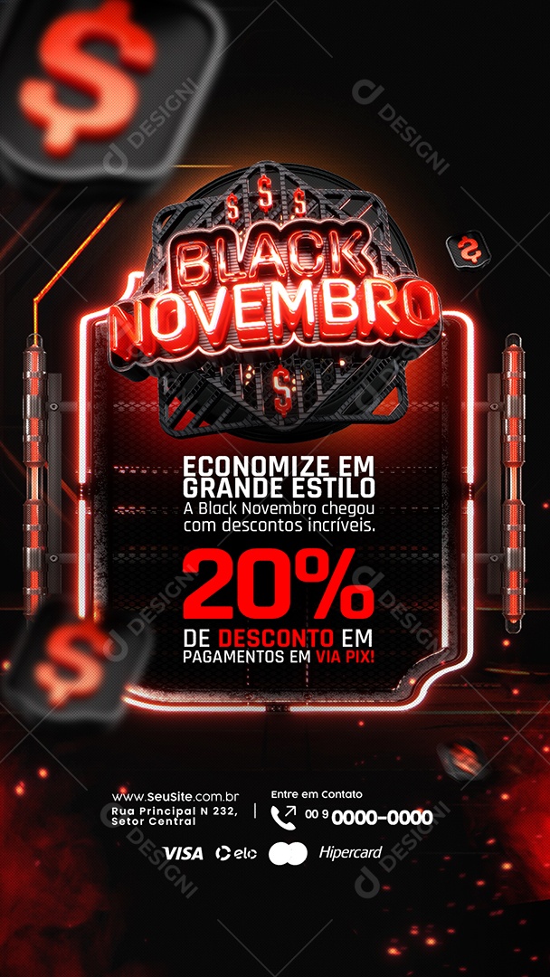 Campanha Publicitaria Black Novembro Story Economize em Grande Estilo 20% de Desconto Supermercado Social Media PSD Editável