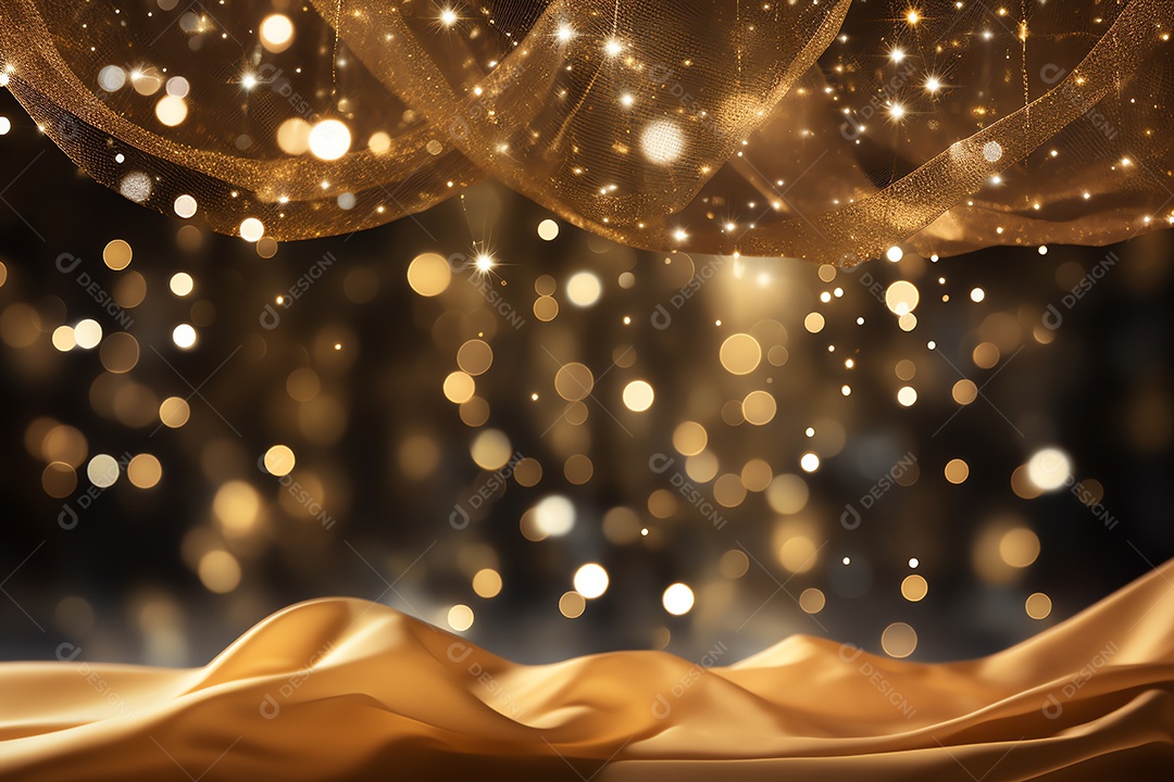 Comemore o evento no palco com cortina e brilhos dourados, feliz ano novo