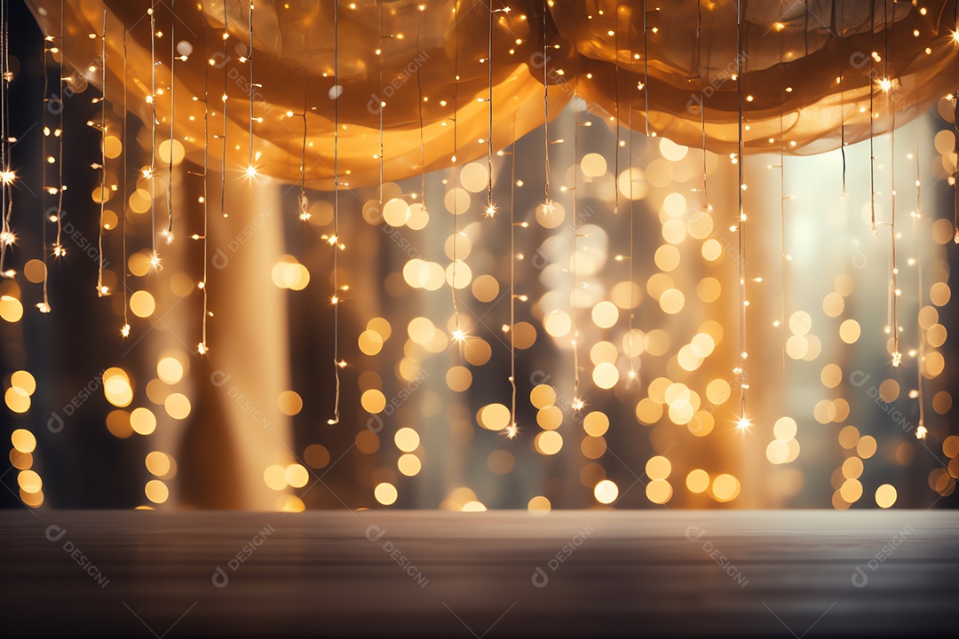 Comemore o evento no palco com cortina e brilhos dourados, feliz ano novo