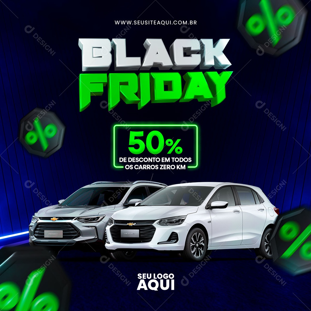 Black Friday Concessionária 50% de Desconto em Todos os Carros Zero KM Social Media PSD Editável