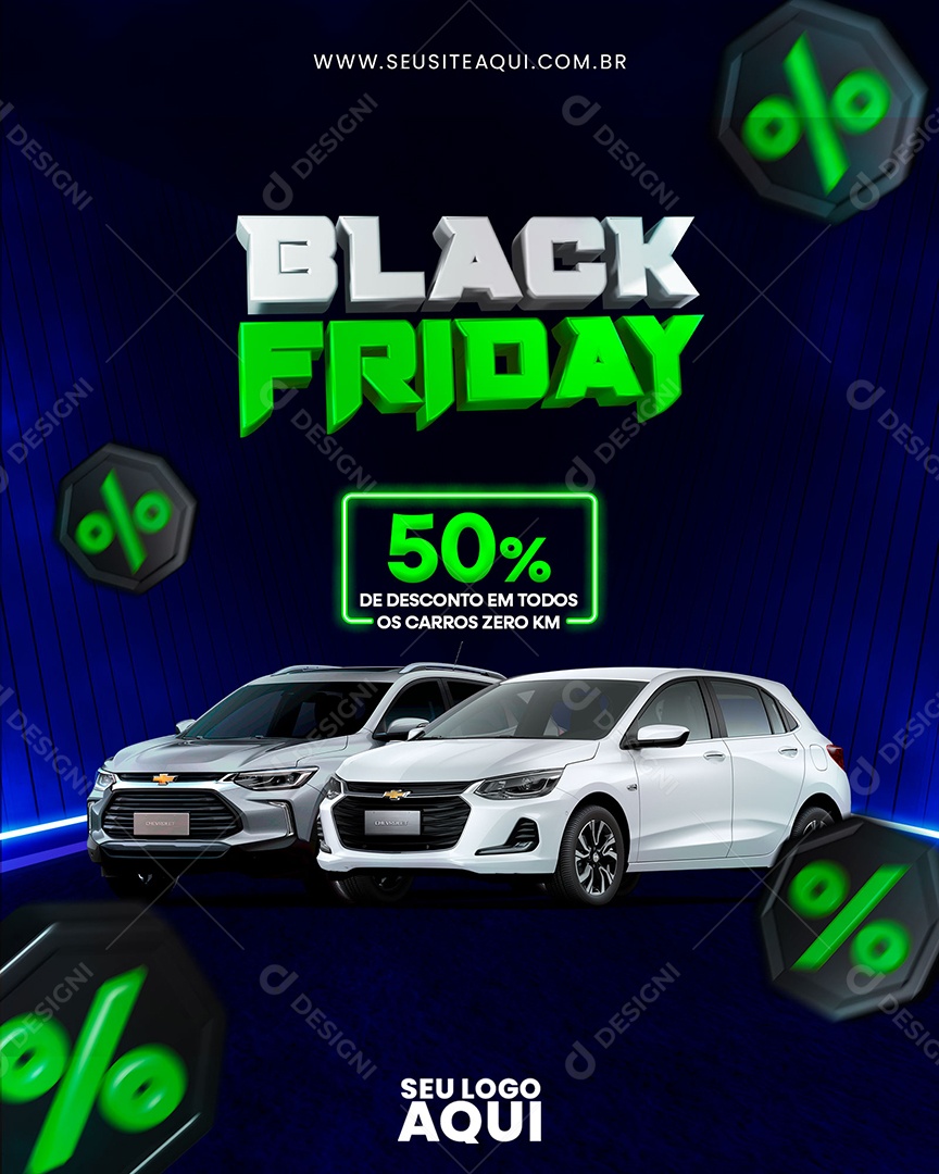 Black Friday Concessionária 50% de Desconto em Todos os Carros Zero KM Social Media PSD Editável