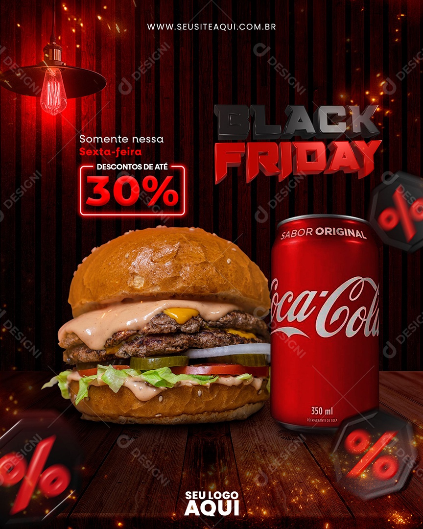 Black Friday Hamburgueria Descontos de Até 30% Hambúrguer e Coca Cola Social Media PSD Editável