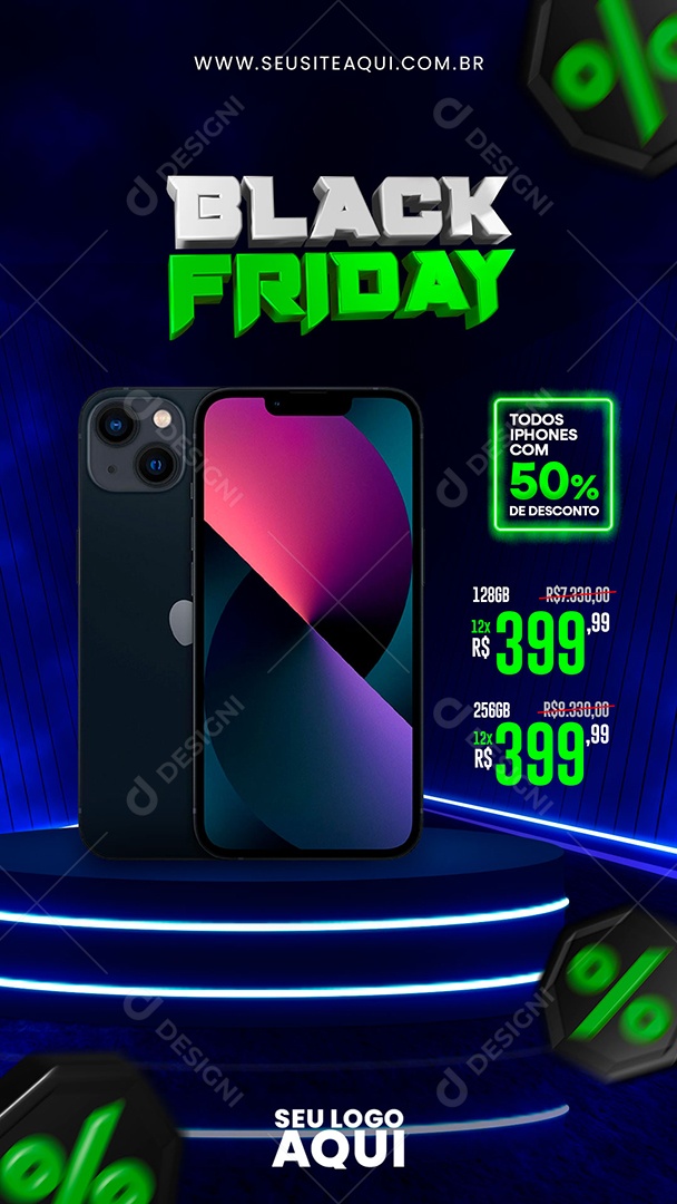 Story Black Friday Todos Iphones com 50% de Desconto Loja de Celulares Social Media PSD Editável