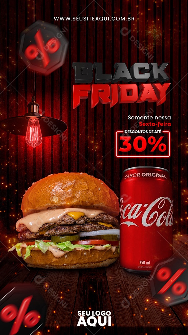 Story Black Friday Hamburgueria Descontos de Até 30% Hambúrguer e Coca Cola Social Media PSD Editável