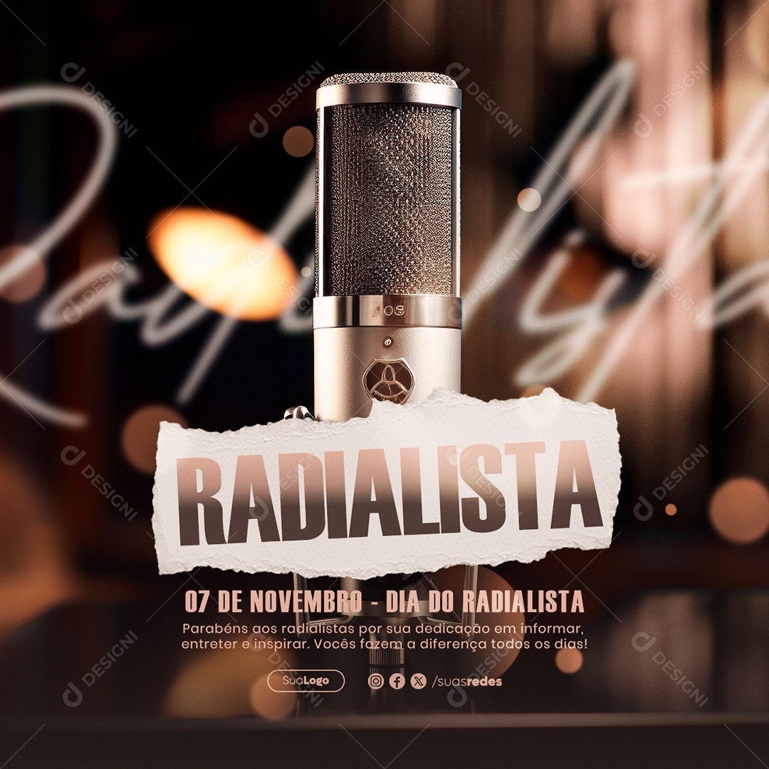 Dia do Radialista 7 de Novembro Parabéns por sua Dedicação em Informar e Entreter e Inspirar Social Media PSD Editável