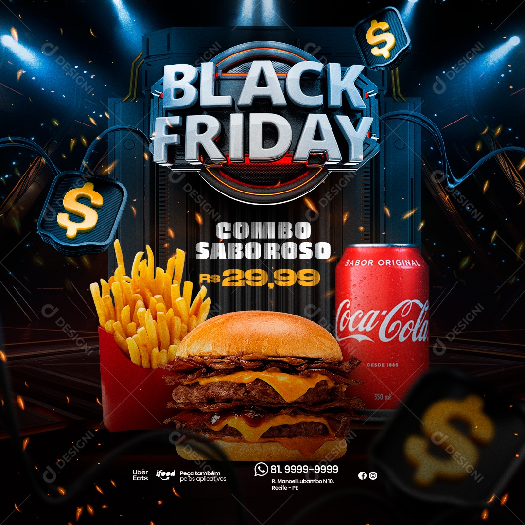 Black Friday Hamburgueria Combo Saboroso Batata Frita Hamburguer Coca Cola Social Media PSD Editável