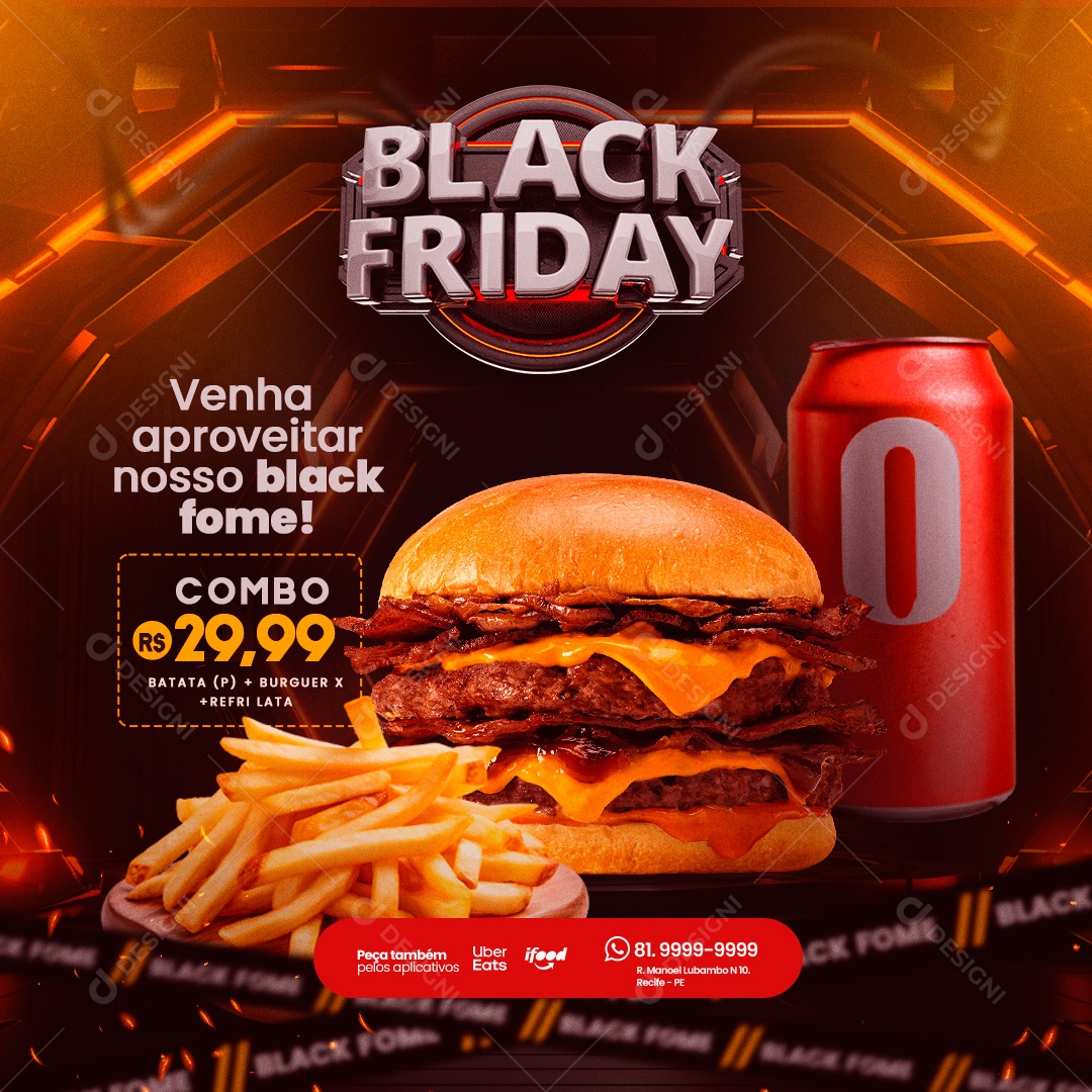 Black Friday Hamburgueria Venha Aproveitar nosso Black Fome Hamburguer Refrigerante e Batata Frita Social Media PSD Editável