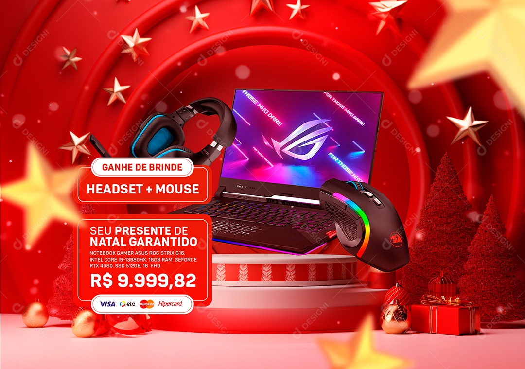Banner Headset Mouse Seu Presente de Natal Garantido Notebook Headset Mouse Social Media PSD Editável