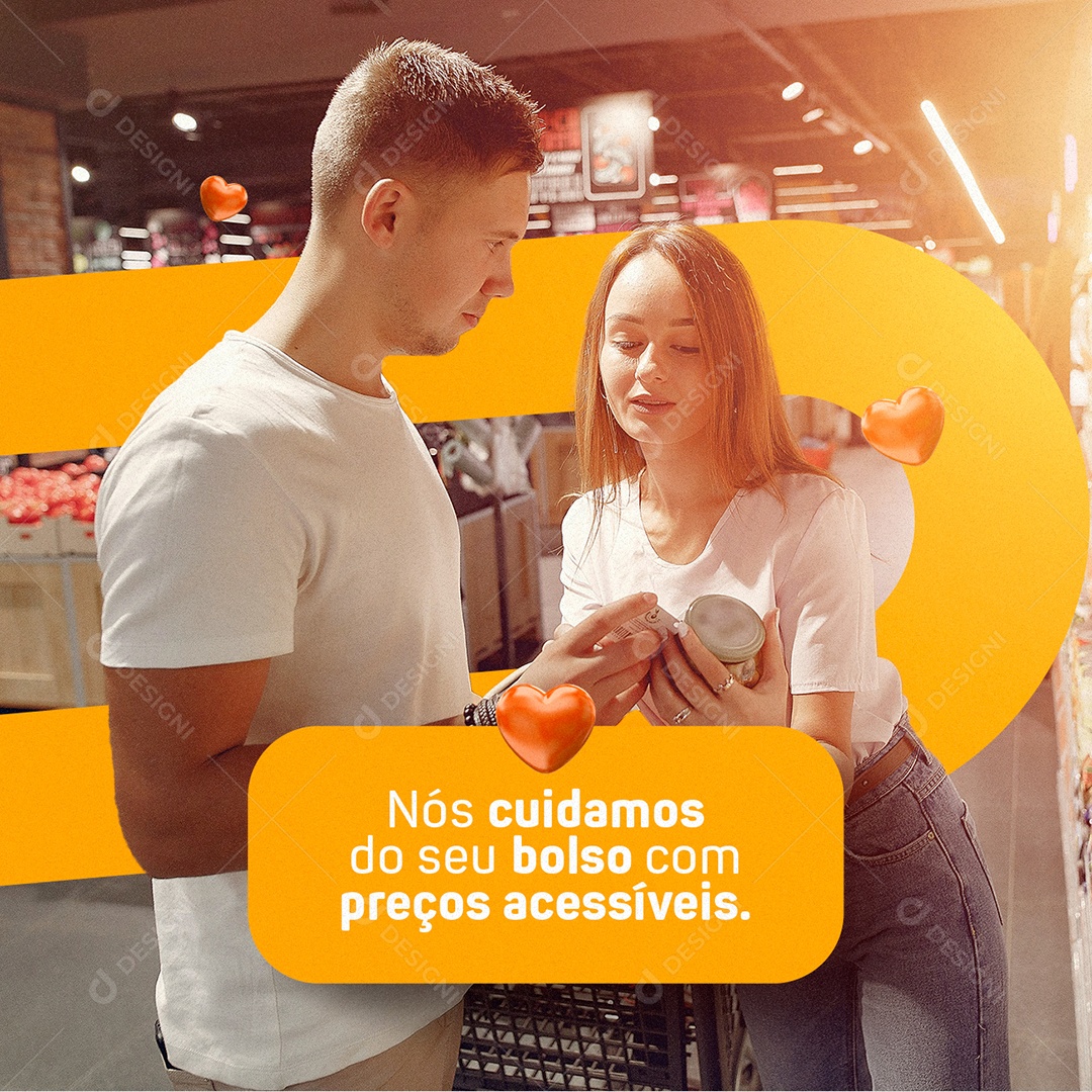 Supermercado Nós Cuidamos do Seu Bolso com Preços Acessíveis Social Media PSD Editável