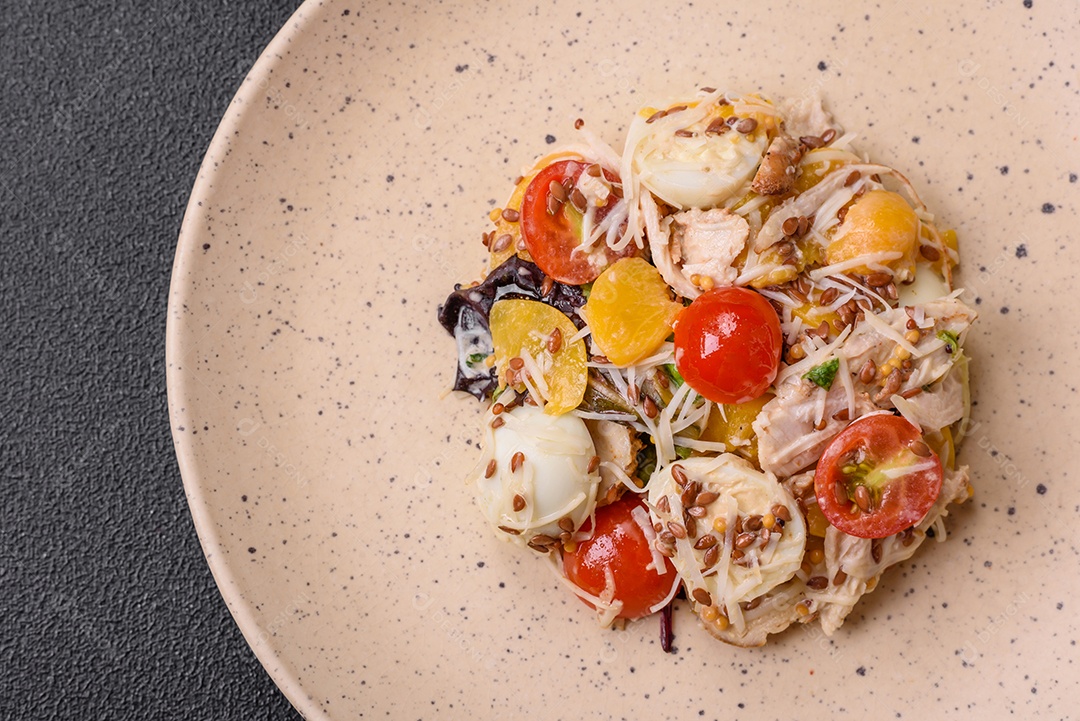 Deliciosa salada fresca com frango, ovos de codorna, tomate cereja, alface, sal e especiarias sobre fundo escuro de concreto