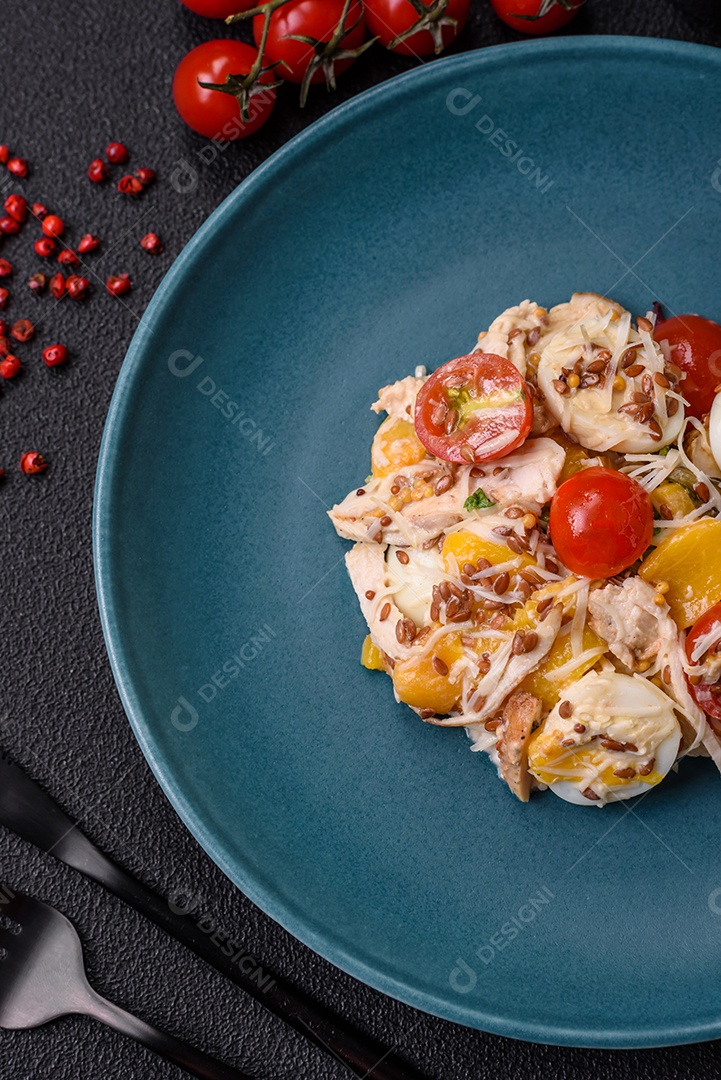 Deliciosa salada fresca com frango, ovos de codorna, tomate cereja, alface, sal e especiarias sobre fundo escuro de concreto