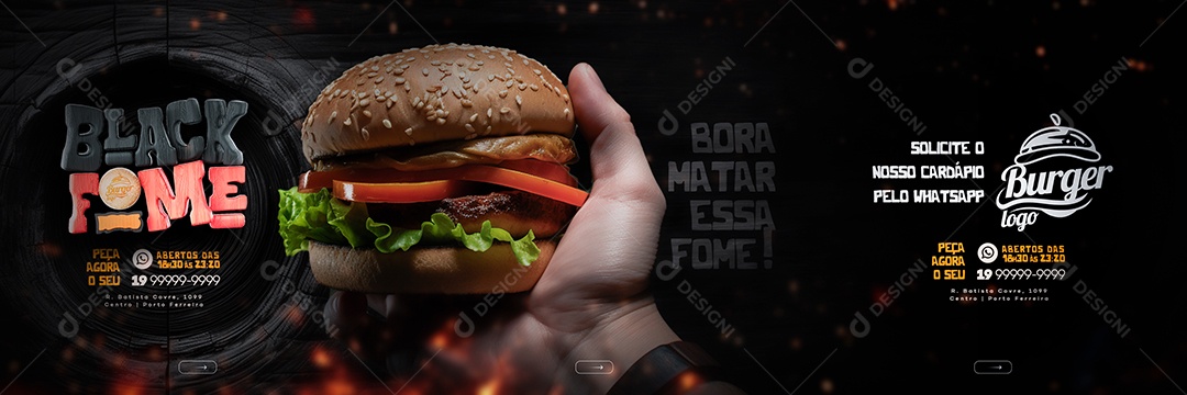 Black Friday Hamburgueria Carrossel Black Fome Peça Agora o Seu Social Media PSD Editável