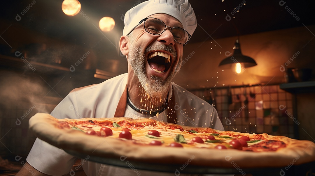 Um homem com chapéu de chef sorrindo e segurando pizza