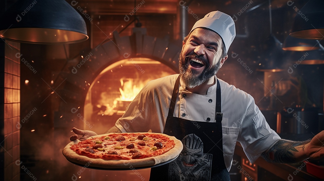 Um homem com chapéu de chef sorrindo e segurando pizza