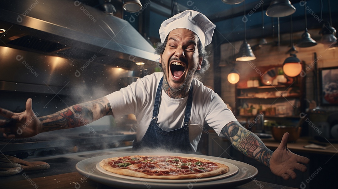 Um homem com chapéu de chef sorrindo e segurando pizza