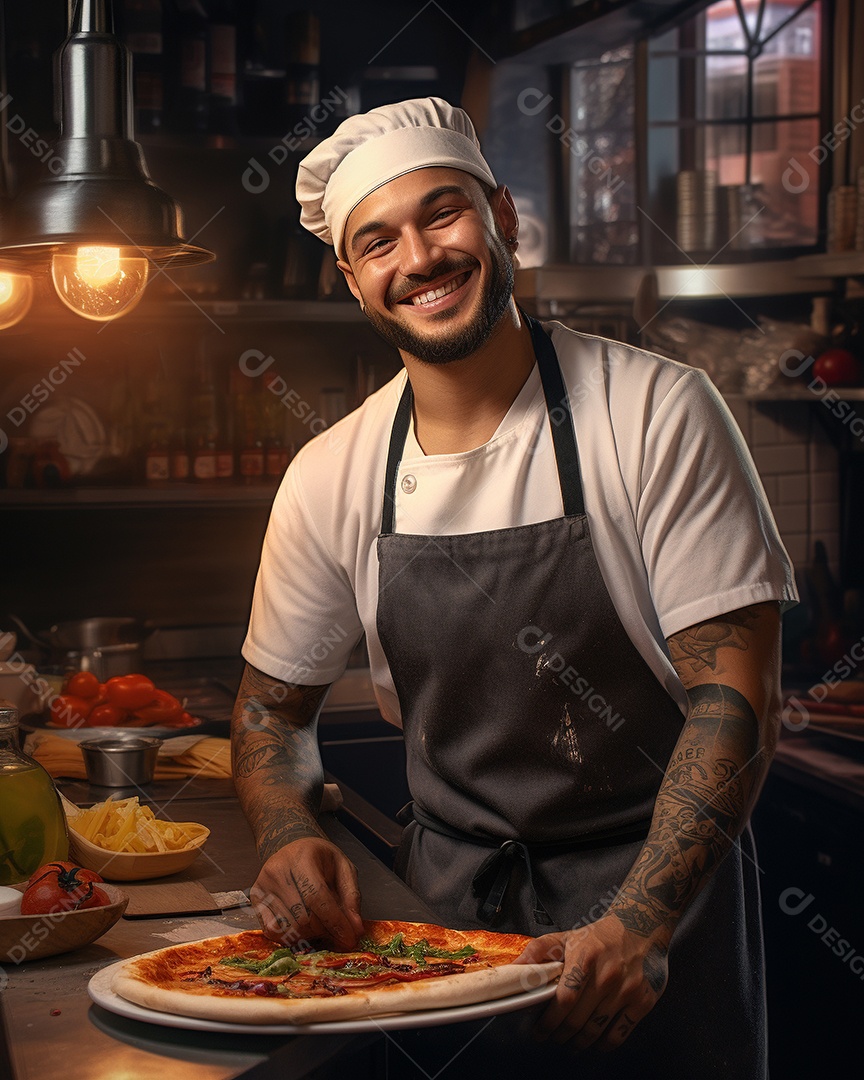 Um homem com chapéu de chef sorrindo e segurando pizza