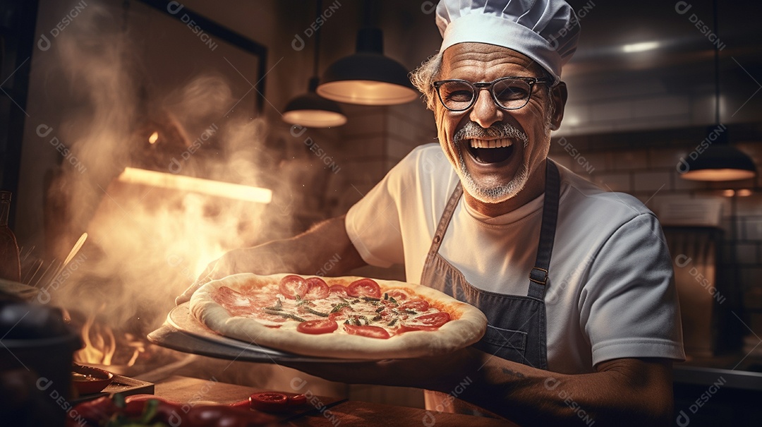 Um homem com chapéu de chef sorrindo e segurando pizza