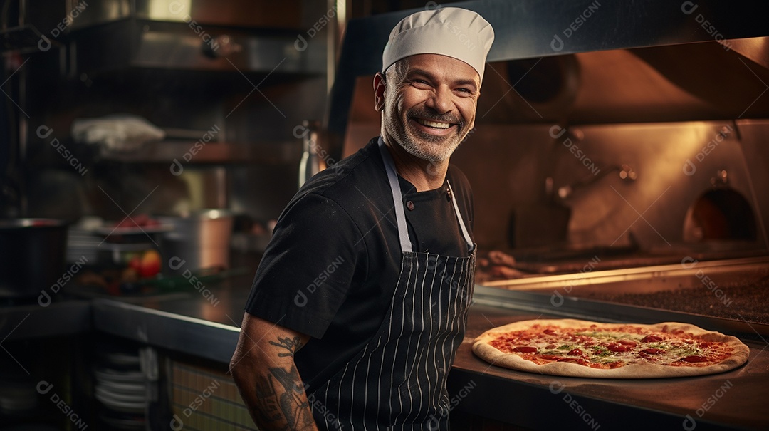 Um homem com chapéu de chef sorrindo e segurando pizza