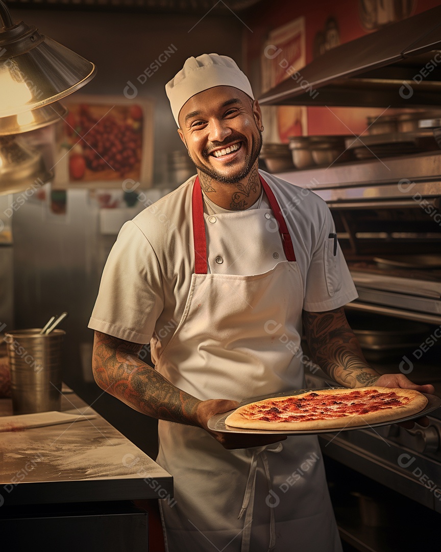 Um homem com chapéu de chef sorrindo e segurando pizza