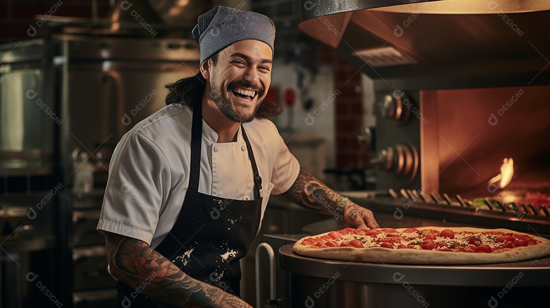 Um homem com chapéu de chef sorrindo e segurando pizza